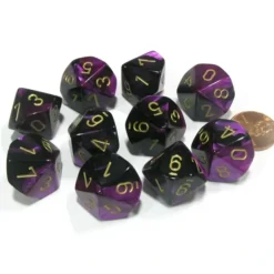 Dice>Set of 10 Chessex Gemini D10 Dice - Black-Purple with Gold Numbers - Your Source for Gaming Essentials