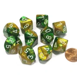 Dice>Set of 10 Chessex Gemini D10 Dice - Gold-Green with White Numbers - Your Source for Gaming Essentials