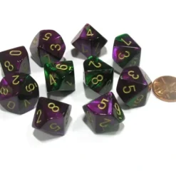 Dice>Set of 10 Chessex Gemini D10 Dice - Green-Purple with Gold Numbers - Your Source for Gaming Essentials