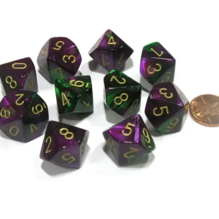 Dice>Set of 10 Chessex Gemini D10 Dice - Green-Purple with Gold Numbers - Your Source for Gaming Essentials