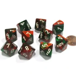 Dice>Set of 10 Chessex Gemini D10 Dice - Green-Red with White Numbers - Your Source for Gaming Essentials