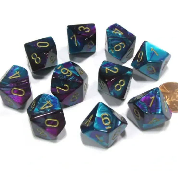 Dice>Set of 10 Chessex Gemini D10 Dice - Purple-Teal with Gold Numbers - Your Source for Gaming Essentials