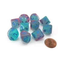Dice>Set of 10 Chessex Luminary Gemini D10 Dice - Gel Green-Pink with Blue Numbers - Your Source for Gaming Essentials