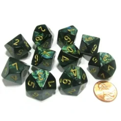 Dice>Set of 10 Chessex Scarab D10 Dice - Jade with Gold Numbers - Your Source for Gaming Essentials