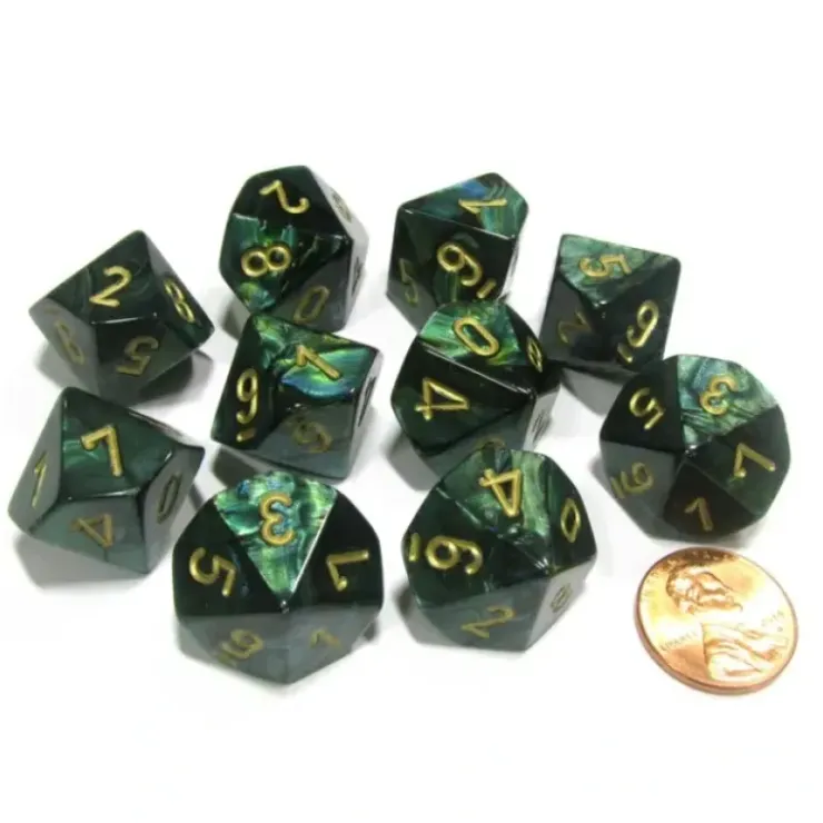 Dice>Set of 10 Chessex Scarab D10 Dice - Jade with Gold Numbers - Your Source for Gaming Essentials