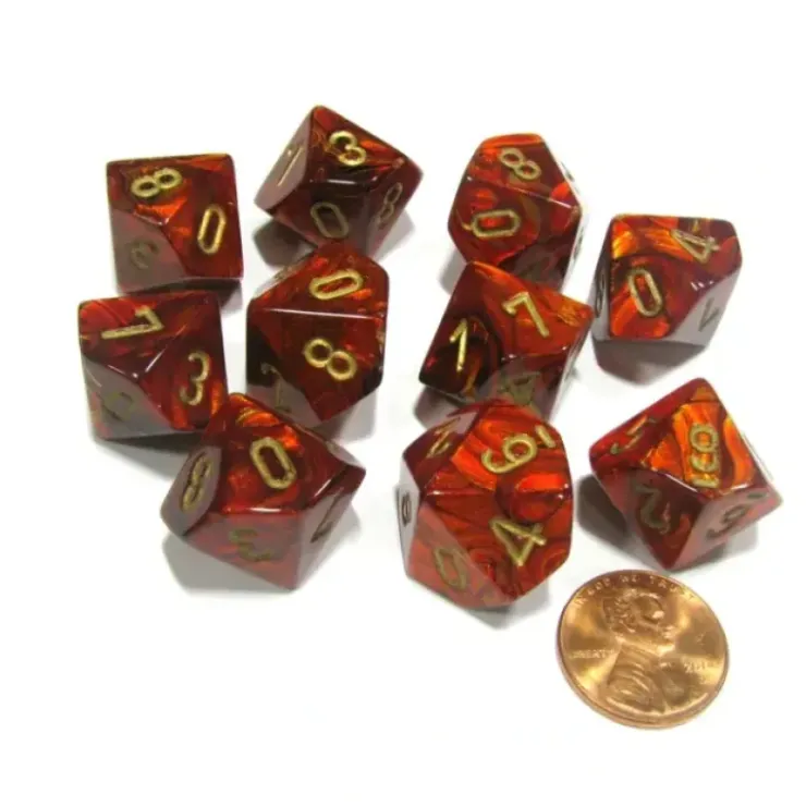 Dice>Set of 10 Chessex Scarab D10 Dice - Scarlet with Gold Numbers - Your Source for Gaming Essentials