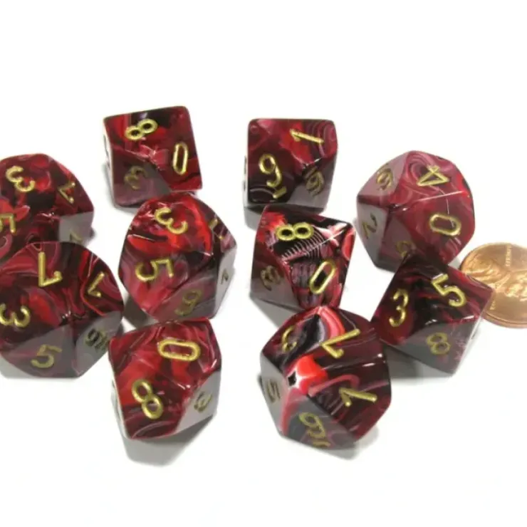 Dice>Set of 10 Chessex Vortex D10 Dice - Burgundy with Gold Numbers - Your Source for Gaming Essentials