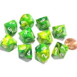 Dice>Set of 10 Chessex Vortex D10 Dice - Dandelion with White Numbers - Your Source for Gaming Essentials