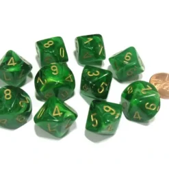 Dice>Set of 10 Chessex Vortex D10 Dice - Green with Gold Numbers - Your Source for Gaming Essentials