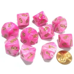 Dice>Set of 10 Chessex Vortex D10 Dice - Pink with Gold Numbers - Your Source for Gaming Essentials