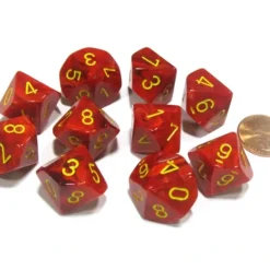 Dice>Set of 10 Chessex Vortex D10 Dice - Red with Yellow Numbers - Your Source for Gaming Essentials