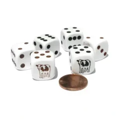 Dice>Set of 6 Cow Dice 16mm D6 Rounded Edge- 3 White w Brown and 3 White w Black - Your Source for Gaming Essentials