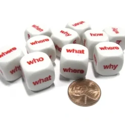 Dice>Set of 10 D6 16mm Educational English Interrogative Questions Dice- White w/ Red - Your Source for Gaming Essentials