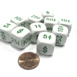 Dice>Set of 10 D6 16mm Educational Money Dollar and Cents Dice - White with Green - Your Source for Gaming Essentials
