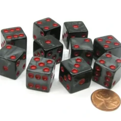 Dice>Set of 10 D6 16mm Marbleized Square Corner Dice - Charcoal with Red Pips - Your Source for Gaming Essentials