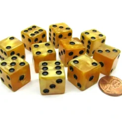 Dice>Set of 10 D6 16mm Marbleized Square Corner Dice - Gold with Black Pips - Your Source for Gaming Essentials