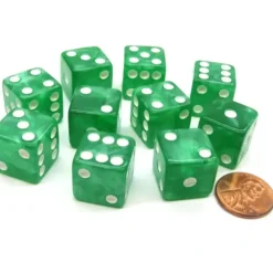 Dice>Set of 10 D6 16mm Marbleized Square Corner Dice - Green with White Pips - Your Source for Gaming Essentials