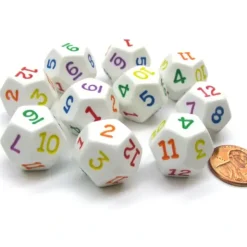 Dice>Set of 10 D12 18mm Opaque Rainbow Dice - White with Multicolor Numbers - Your Source for Gaming Essentials