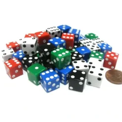 Dice>Set of 50 D6 12mm Opaque Square Edge Dice; 10 Each of Red White Blue Green Black - Your Source for Gaming Essentials