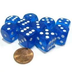Dice>Set of 10 D6 16mm Round Corner Transparent Dice - Blue with White Pips - Your Source for Gaming Essentials