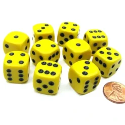 Dice>Set of 10 D6 16mm Rounded Corner Opaque Dice - Yellow with Black Pips - Your Source for Gaming Essentials