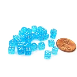 Dice>Set of 30 D6 5mm Transparent Rounded Corner Dice - Aqua with White Pips - Your Source for Gaming Essentials