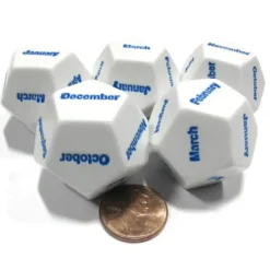 Dice>Set of 5 D12 Months of the Year Setting Educational Dice-White with Blue Letters - Your Source for Gaming Essentials
