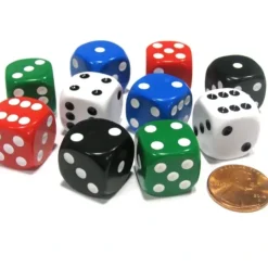 Dice>Set of 10 D6 Rounded Opaque 16mm D6 Dice - 2 Each of Red White Blue Green Black - Your Source for Gaming Essentials
