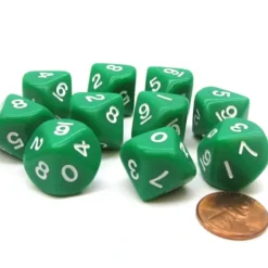 Dice>Set of 10 D10 10-Sided 16mm Opaque Dice - Green with White Numbers - Your Source for Gaming Essentials