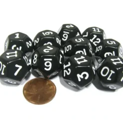Dice>Set of 10 D12 12-Sided 18mm Opaque RPG Dice - Black with White Numbers - Your Source for Gaming Essentials