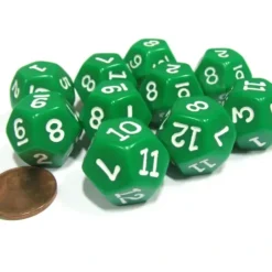 Dice>Set of 10 D12 12-Sided 18mm Opaque RPG Dice - Green with White Numbers - Your Source for Gaming Essentials