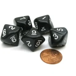 Dice>Set of 5 D10 10-Sided 16mm Opaque RPG Dice - Black with White Numbers - Your Source for Gaming Essentials