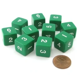 Dice>Set of 10 D6 Six-Sided 16mm Opaque Numbered Dice - Green with White Numbers - Your Source for Gaming Essentials