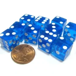 Dice>Set of 10 D6 Six-Sided 12mm Transparent Dice - Blue with White Pips - Your Source for Gaming Essentials
