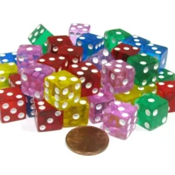 Dice>Set of 50 D6 Six-Sided 12mm Transparent Dice - 10 of Blue Green Pink Red Yellow - Your Source for Gaming Essentials