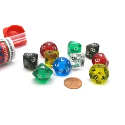 Dice>Set of 10 D10 Transparent Dice in Travel Tube - Assorted Colors - Your Source for Gaming Essentials