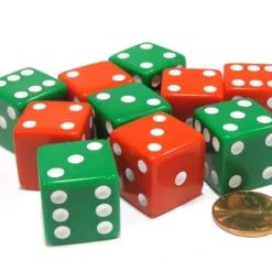 Dice>Set of 10 Large Six Sided Opaque 19mm D6 Dice - Christmas Colors 5 Green & 5 Red - Your Source for Gaming Essentials