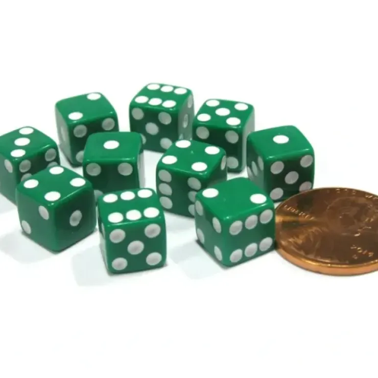 Dice>Set of 10 8mm Six-Sided D6 Small Square-Edge Dice - Green with White Pips - Your Source for Gaming Essentials