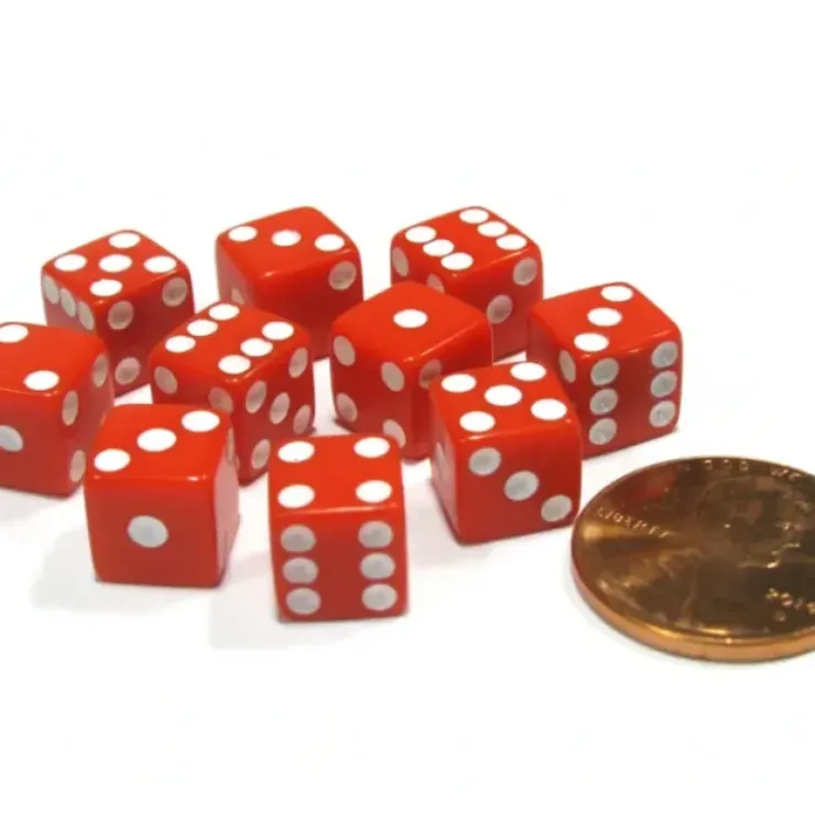 Dice>Set of 10 8mm Six-Sided D6 Small Square-Edge Dice - Red with White Pips - Your Source for Gaming Essentials