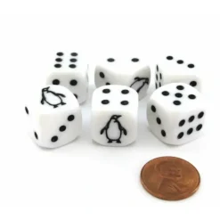 Dice>Set of 6 Penguin 16mm D6 Round Edged Animal Dice - White with Black Pips - Your Source for Gaming Essentials
