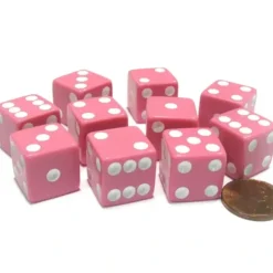 Dice>Set of 10 Six Sided Square Opaque 16mm D6 Dice - Pink with White Pip Die - Your Source for Gaming Essentials