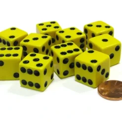 Dice>Set of 10 Six Sided Square Opaque 16mm D6 Dice - Yellow with Black Pip Die - Your Source for Gaming Essentials