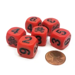 Dice>Set of 6 Skull and Crossbones 16mm Numerical Dice - Red with Black Pips - Your Source for Gaming Essentials