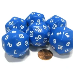 Dice>Set of 6 Triantakohedron D30 30 Sided 33mm Jumbo Dice - Blue w White Numbers - Your Source for Gaming Essentials