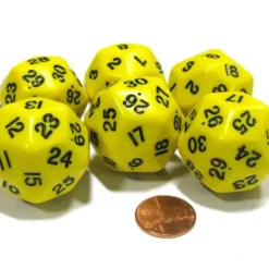Dice>Set of 6 Triantakohedron D30 30 Sided 33mm Jumbo Dice - Yellow w Black Numbers - Your Source for Gaming Essentials