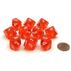 Dice>Translucent 16mm D10 (0-9) Chessex Dice, 10 Pieces - Orange with White Numbers - Your Source for Gaming Essentials