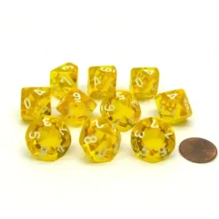 Dice>Translucent 16mm D10 (0-9) Chessex Dice, 10 Pieces - Yellow with White Numbers - Your Source for Gaming Essentials