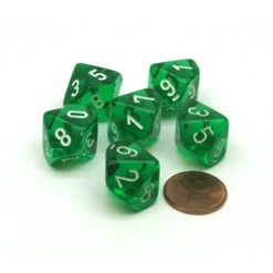 Dice>Translucent 16mm D10 (0-9) Chessex Dice, 6 Pieces - Green with White Numbers - Your Source for Gaming Essentials