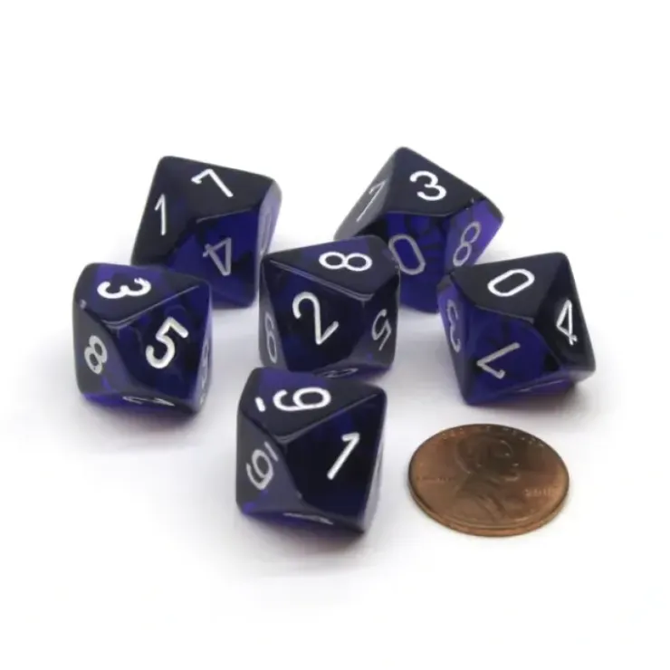 Dice>Translucent 16mm D10 (0-9) Chessex Dice, 6 Pieces - Purple with White Numbers - Your Source for Gaming Essentials