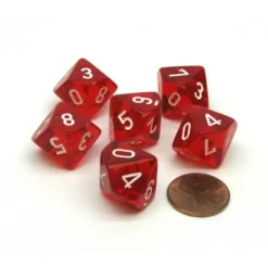 Dice>Translucent 16mm D10 (0-9) Chessex Dice, 6 Pieces - Red with White Numbers - Your Source for Gaming Essentials